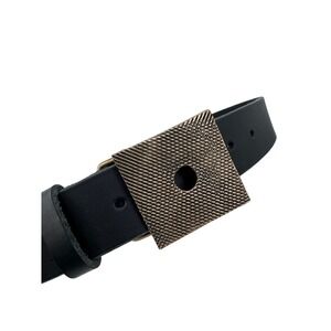 Unique Square Textured Bronze Buckle Black Leather Belt Women's Accent